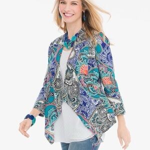 Chico's | Artistic Paisley Linen Print Open Front Swing Jacket Size Petite 1P